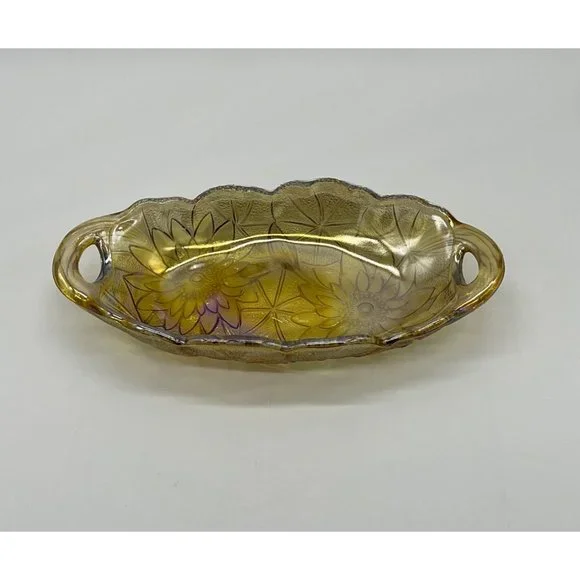 Vintage Indiana Carnival Glass Iridescent Amber Oval Candy/Trinket/Relish Dish - Picture 2 of 3